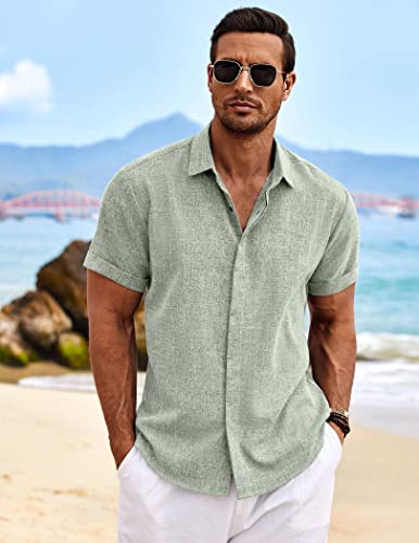 COOFANDY Mens Casual Shirts Button Up Shirt Linen Summer Beach Outfit Yoga Tee Light Green Large - Image 3