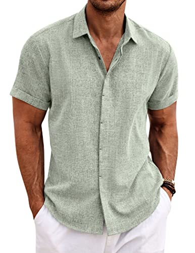 COOFANDY Mens Casual Shirts Button Up Shirt Linen Summer Beach Outfit Yoga Tee Light Green Large - Image 1