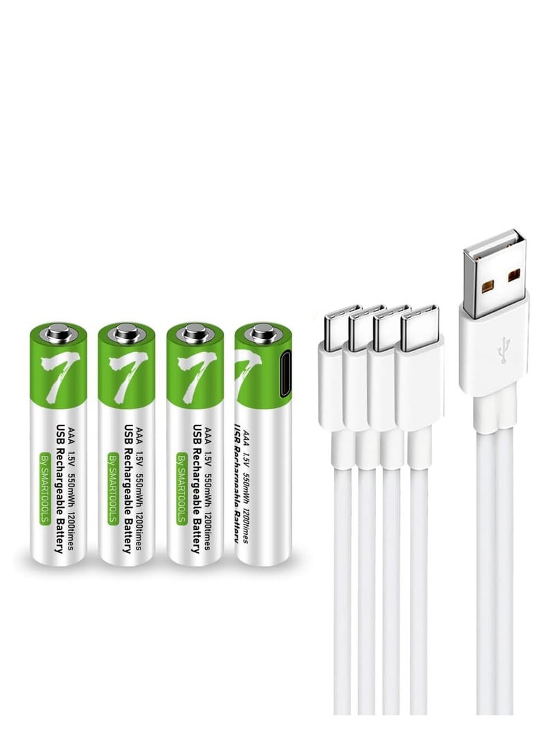 USB AAA Lithium ion Rechargeable Battery, 550mWh Rechargeable AAA Battery, 1 H Fast Charge, 1200 Cycle with Type C Port Cable, Constant Output,4-Pack - Image 1