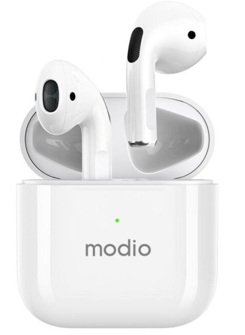 modio True Wireless Stereo Headset (White) with Free Case (Blue/Red) – Premium Sound, Comfortable Fit, and Convenient Charging Case - Image 1