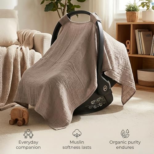 MOZAH Baby Car Seat Cover Warm Taupe 100 Organic Muslin Soft Breathable and Lightweight Baby Infant Car Seat Essentials - Image 3