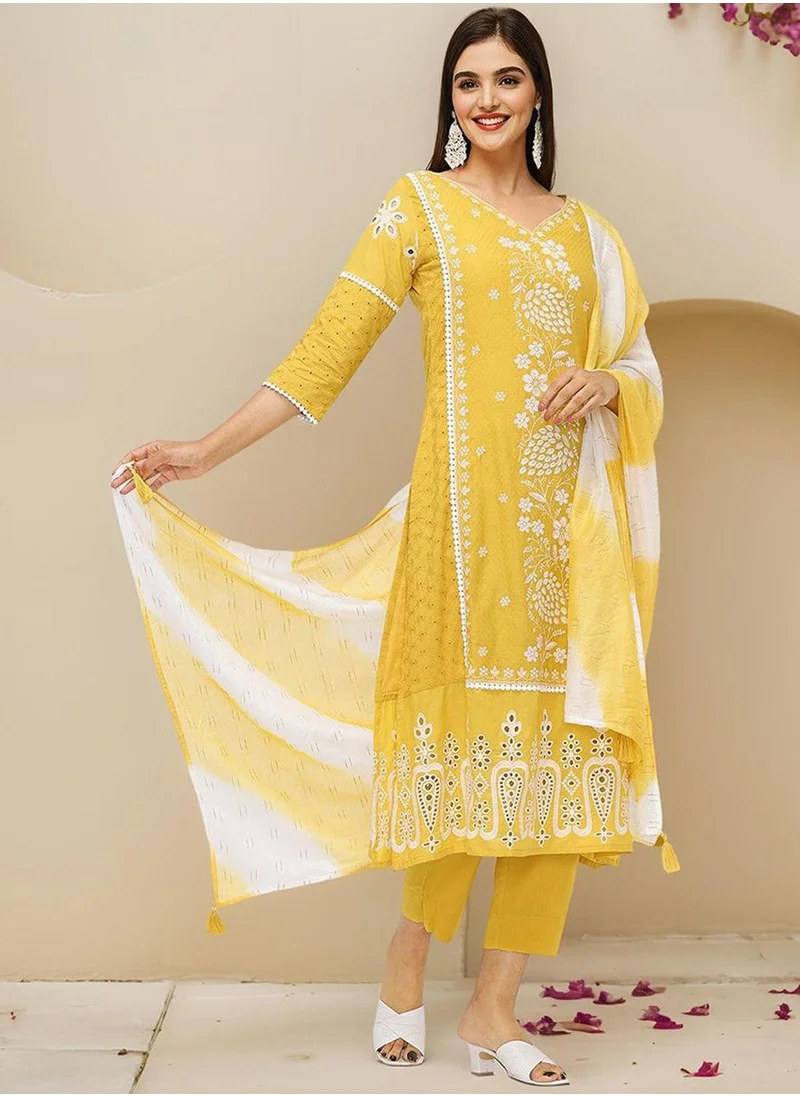آي شين Straight Fit Embroidered Pattern Round Neck Three-Quarter Sleeves Mustard Colour Knitted Cotton Kurta Set for Women with Semi Elastic Closure - Elevate Your Fashion Game
