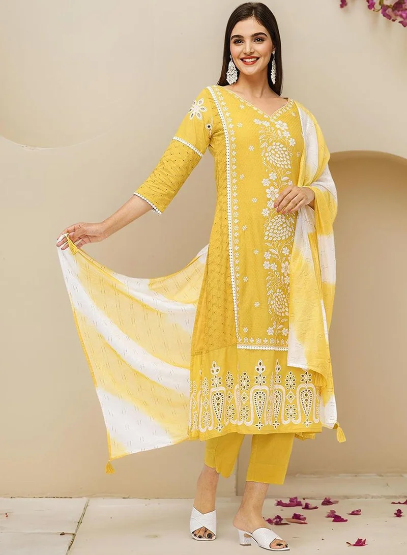 آي شين Women's Mustard 100% Cotton Embroidered Straight Fit Kurta Set