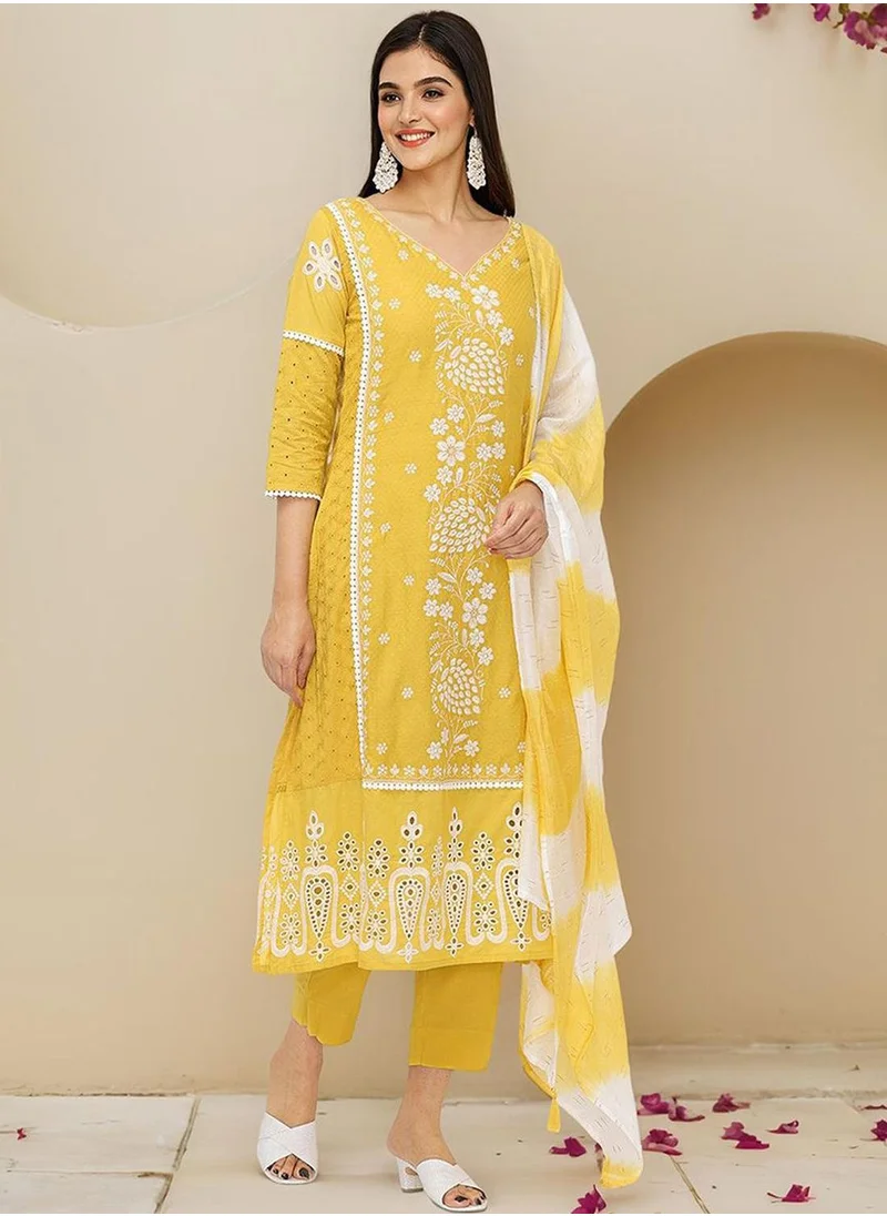 ISHIN Straight Fit Embroidered Pattern Round Neck Three-Quarter Sleeves Mustard Colour Knitted Cotton Kurta Set for Women with Semi Elastic Closure - Elevate Your Fashion Game