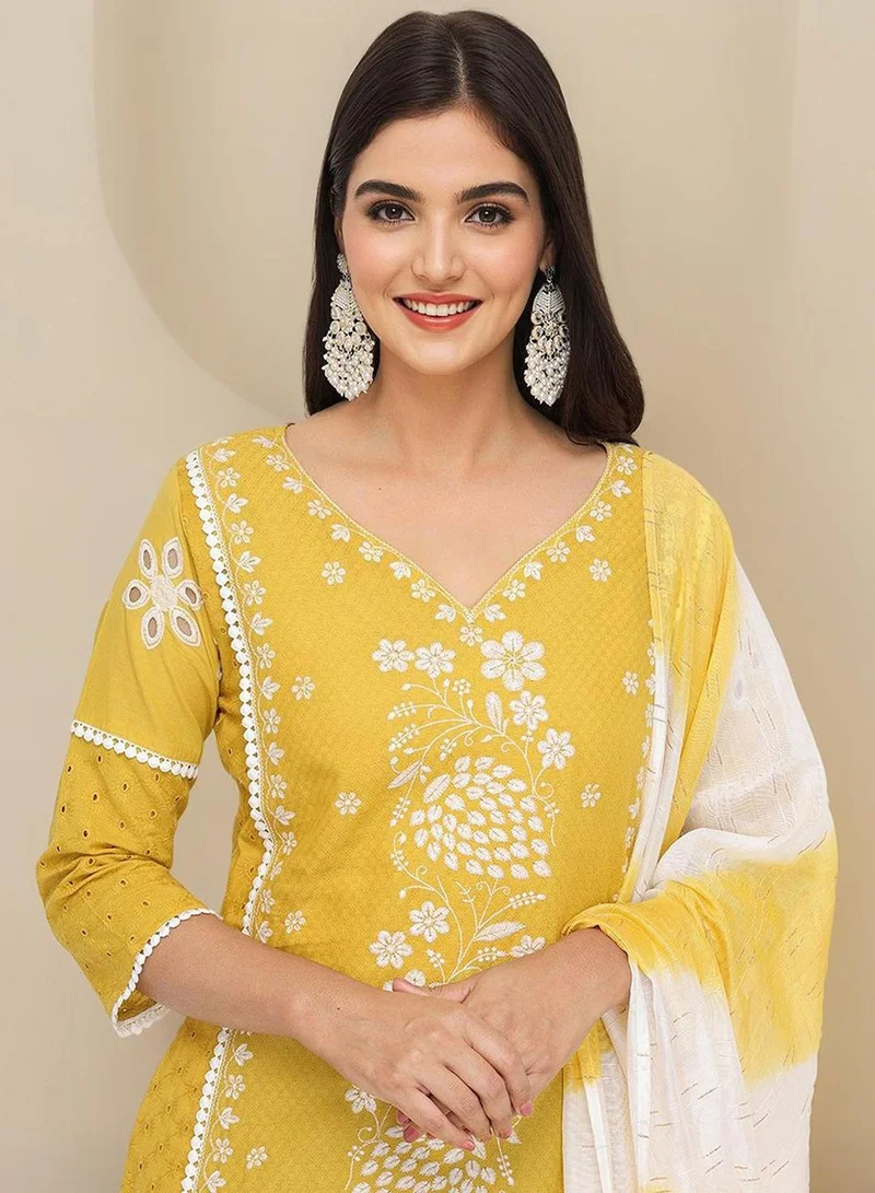 آي شين Women's Mustard 100% Cotton Embroidered Straight Fit Kurta Set
