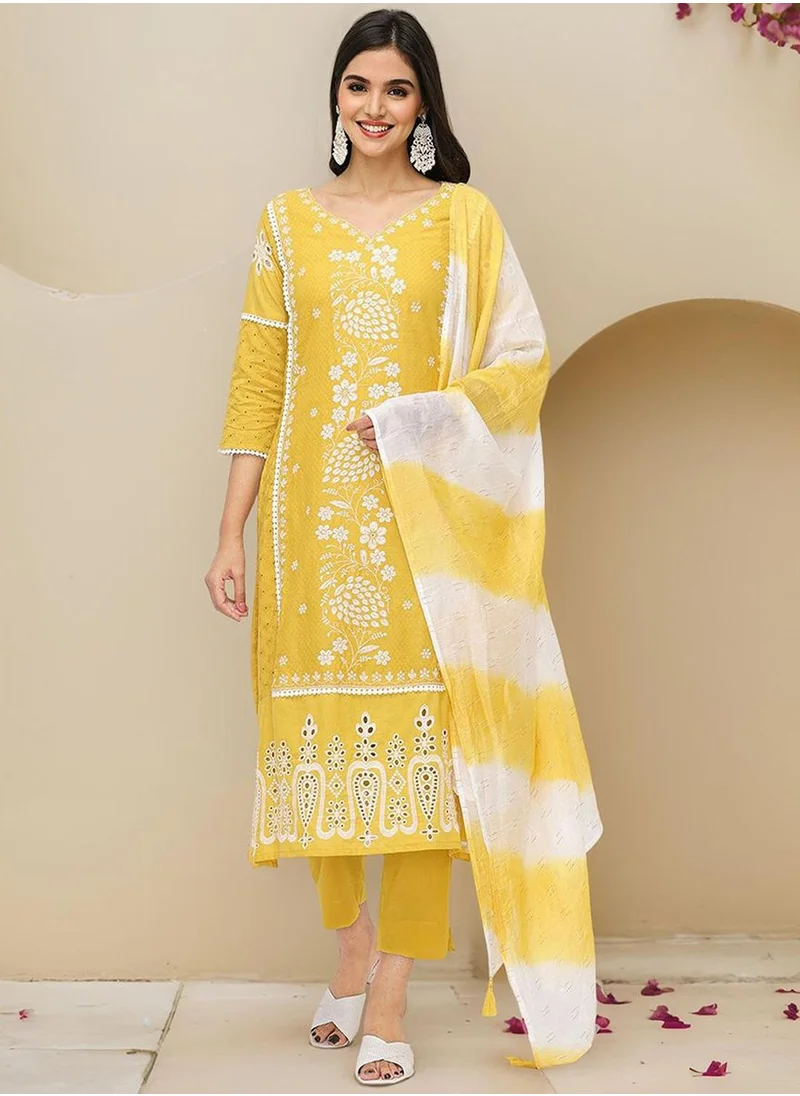 ISHIN Straight Fit Embroidered Pattern Round Neck Three-Quarter Sleeves Mustard Colour Knitted Cotton Kurta Set for Women with Semi Elastic Closure - Elevate Your Fashion Game