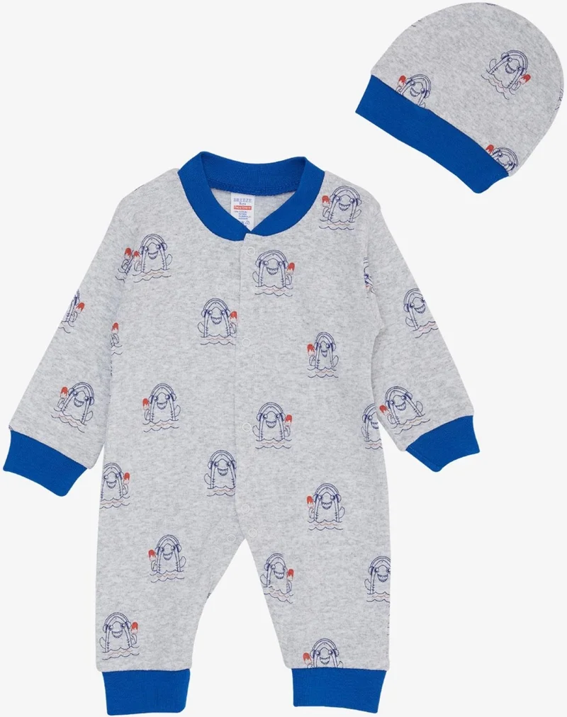 Breeze Baby Boy Jumpsuit Summer Themed Crazy Shark Pattern 0-6 Months, Light Gray Melange