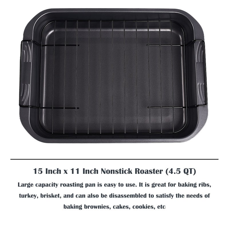 Kitcom Bakeware Nonstick Roaster  Nonstick Roasting Pan With Rack  Great For Roast Chicken  Roasts And Turkeys - 15 Inch X 11 Inch (5.8 Qt)  Gray - Image 3