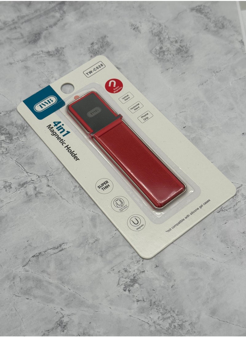 TWB High quality 4 in 1 magnetic mobile phone grip and holder back sticker strap non slip anti fall finger ring with desktop small bracket stand vertical and horizontal red color  - Image 1