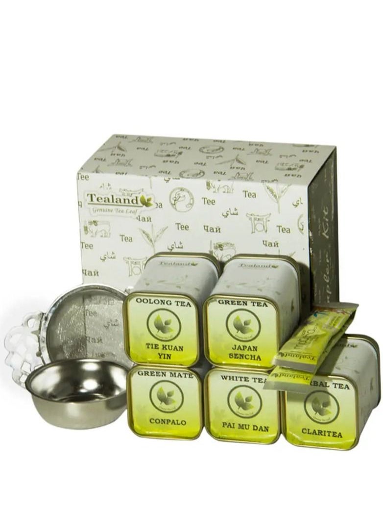 Tealand - Sampler Kit - Slimming Kit With Tie Kuan Yin Japan Sencha Conpalo Pai Mu Dan Claritea in Tea sealed Can and 2 sachet of Matcha Exclusive Stainless Steel Strainer. - Image 1