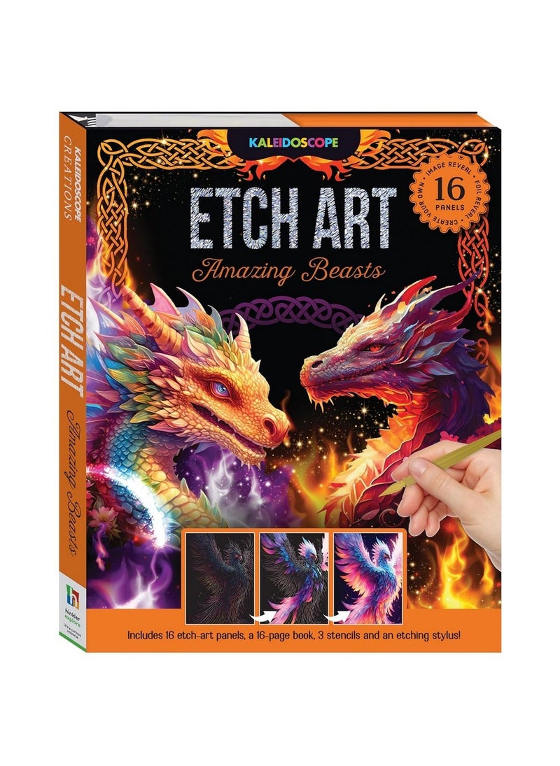 Hinkler إبداعات فن النقش من هينكلر كاليودوسكوب - إصدار الوحوش المدهشة، يتضمن 16 لوحة فن نقش، كتاب من 16 صفحة، 3 قوالب وأداة نقش، مجموعة فن نقش إبداعية للأطفال، تطور المهارات الفنية والخيال - Image 1