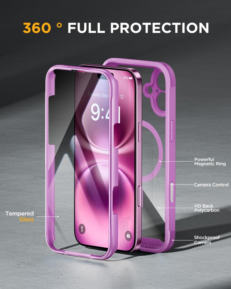 Miracase Magnetic for iPhone 16 Plus Case Full-Body Phone with Built-in Glass Screen Protector, [Compatible with MagSafe] Military Drop Proof 16 Plus Cover Bumper 6.7 inch, Pink - Image 2
