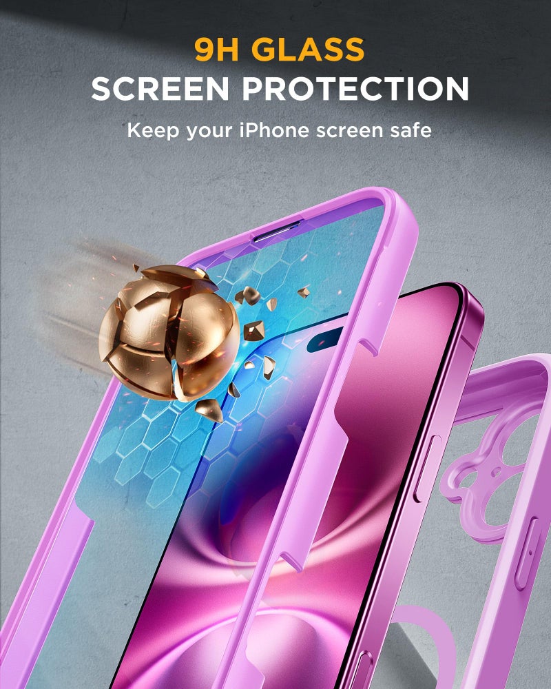 Miracase Magnetic for iPhone 16 Plus Case Full-Body Phone with Built-in Glass Screen Protector, [Compatible with MagSafe] Military Drop Proof 16 Plus Cover Bumper 6.7 inch, Pink - Image 3