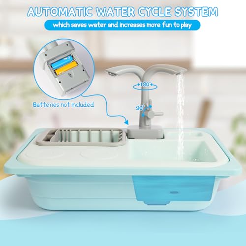 Asweets Color Changing Kitchen Sink Toys Toddler Sink Toys with Running Water Pretend Play Toys with Upgraded Faucet Automatic Water Cycle System Blue - Image 5
