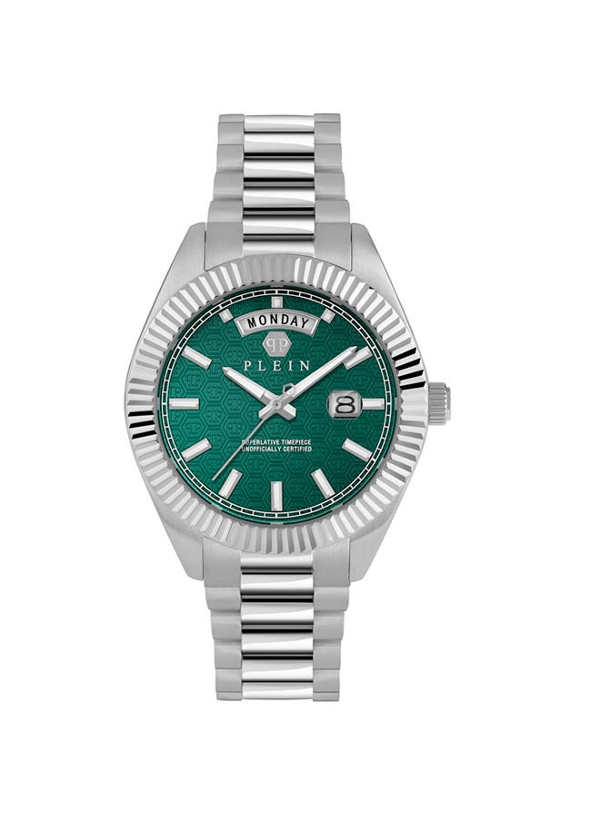 PHILIPP PLEIN - Date Superlative Gent Watch, Emerald Green Honeycomb Dial, Fluted Bezel, Stainless Steel Bracelet, 42mm - Image 1