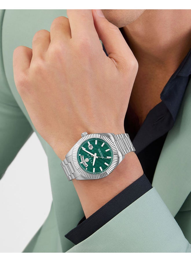PHILIPP PLEIN - Date Superlative Gent Watch, Emerald Green Honeycomb Dial, Fluted Bezel, Stainless Steel Bracelet, 42mm - Image 1