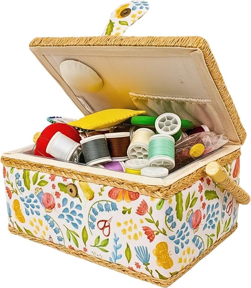 COMFECTO Wooden Sewing Basket Large with Complete Sewing Kits Accessories, Beginners Sewing Kit with Removable Tray Tomato Pincushion for Mending, Gold Bloom - Image 1