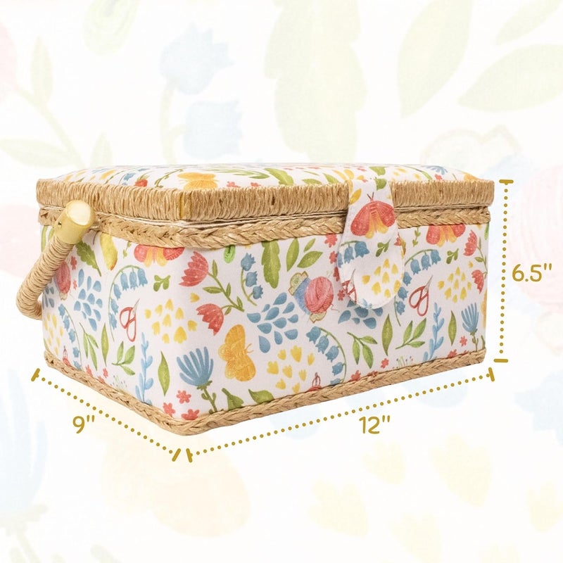 COMFECTO Wooden Sewing Basket Large with Complete Sewing Kits Accessories, Beginners Sewing Kit with Removable Tray Tomato Pincushion for Mending, Gold Bloom - Image 4