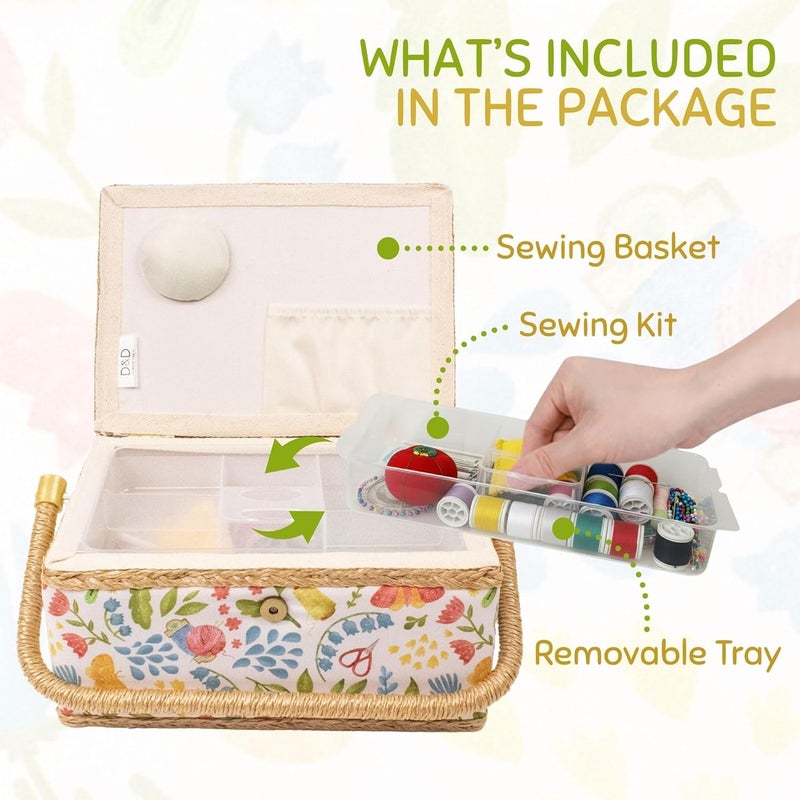 COMFECTO Wooden Sewing Basket Large with Complete Sewing Kits Accessories, Beginners Sewing Kit with Removable Tray Tomato Pincushion for Mending, Gold Bloom - Image 3