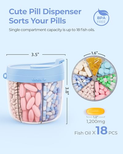 AMOOS Cute Pill Dispenser with 7 Large Compartments, Portable Pill Bottle Organizer with Wide Opening for Easy Use, Anti-Mix Pill Organizer for Travel, BPA-Free Pill Container, Blue - Image 2