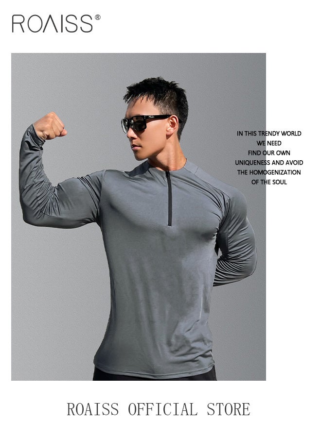 roaiss - Men Quick Dry and Breathable Round Neck Sweatshirt with Quarter Zip Long Sleeve Athletic Shirts Slim Fit Top for Running Basketball Workout Gym - Image 1