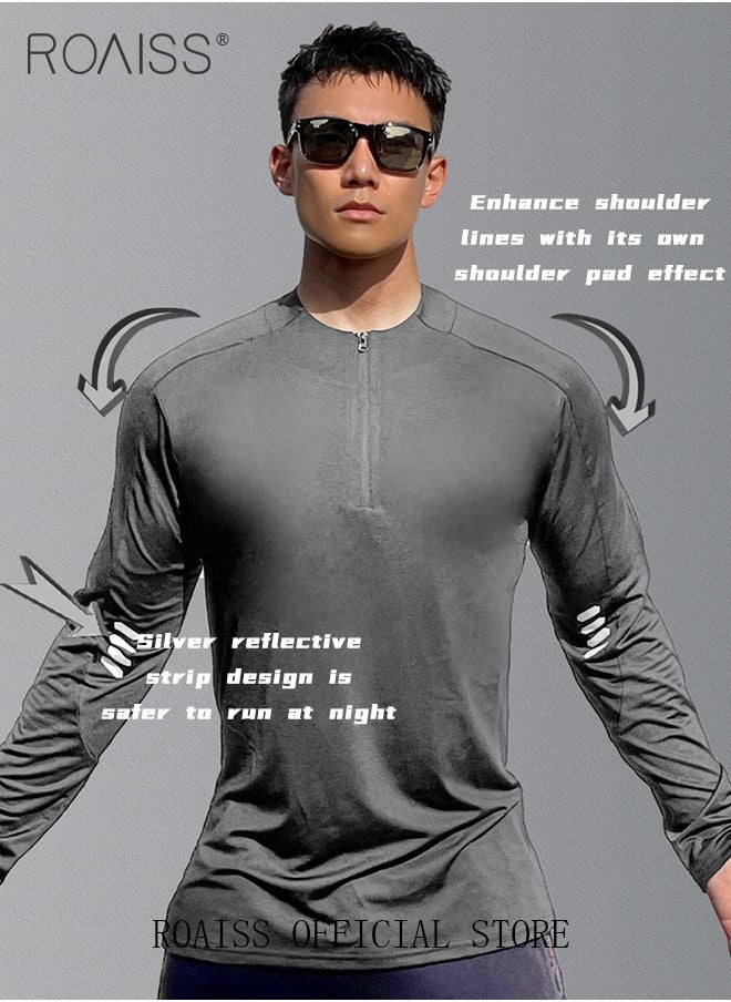 roaiss - Men Quick Dry and Breathable Round Neck Sweatshirt with Quarter Zip Long Sleeve Athletic Shirts Slim Fit Top for Running Basketball Workout Gym - Image 1