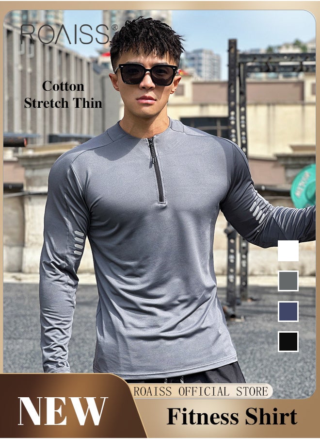 roaiss - Men Quick Dry and Breathable Round Neck Sweatshirt with Quarter Zip Long Sleeve Athletic Shirts Slim Fit Top for Running Basketball Workout Gym - Image 1