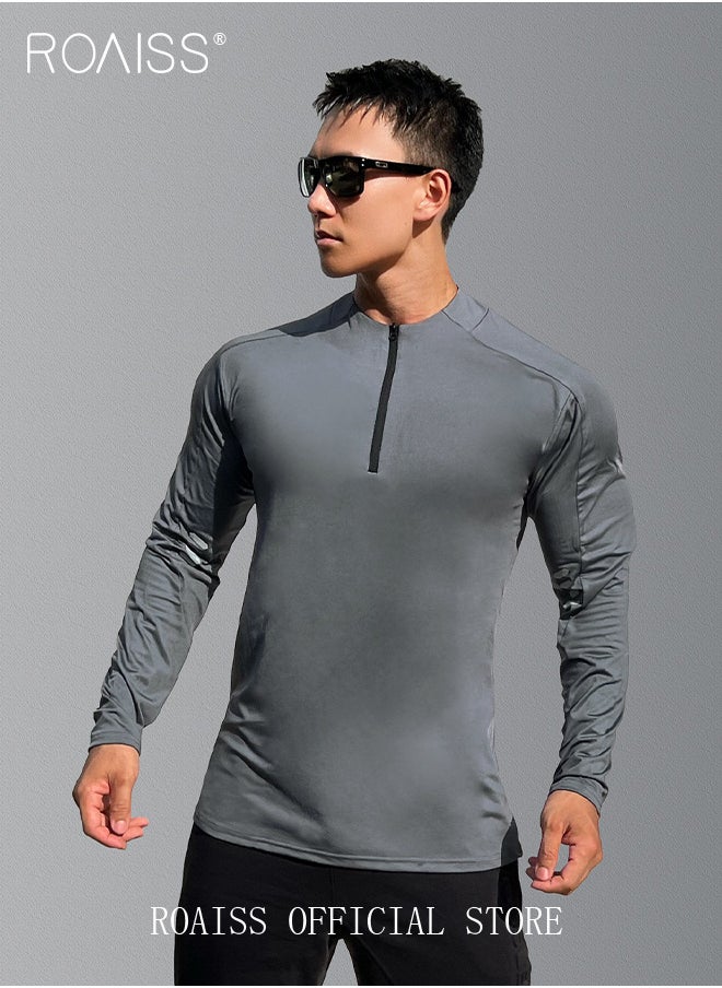 roaiss - Men Quick Dry and Breathable Round Neck Sweatshirt with Quarter Zip Long Sleeve Athletic Shirts Slim Fit Top for Running Basketball Workout Gym - Image 1