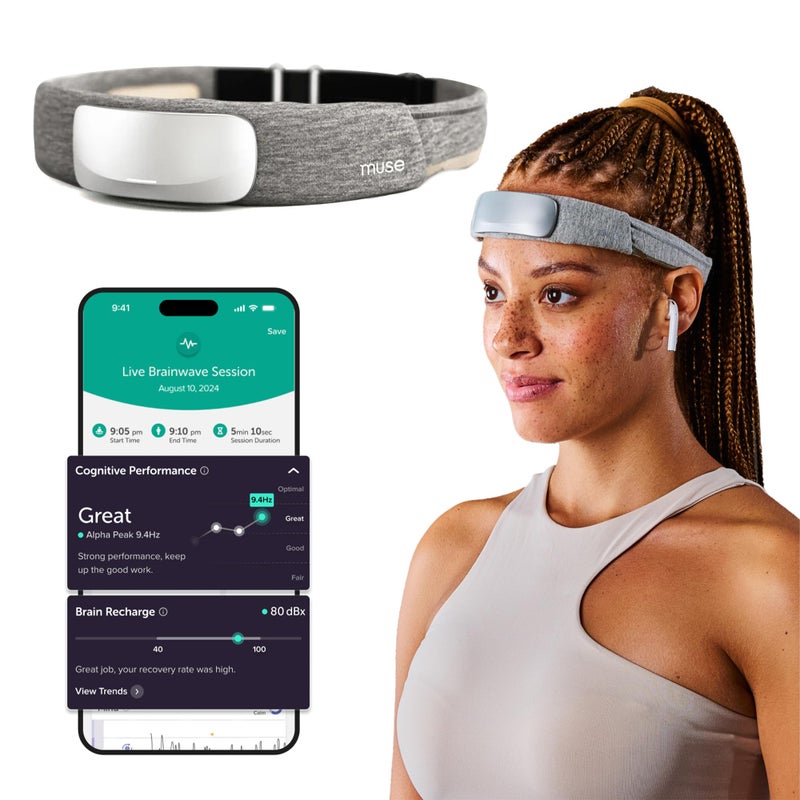 MUSE موس S أثينا - سماعة رأس لقياس نشاط الدماغ وأجهزة التغذية الراجعة العصبية لتتبع التأمل والمراقبة - أجهزة التغذية الراجعة البيولوجية متعددة المستشعرات مع إرشادات صوتية - رمادي فاتح أوبال