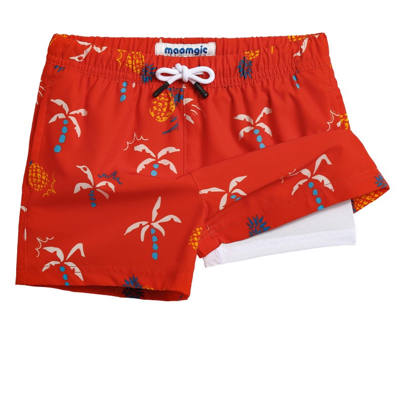 maamgic Boys Swim Trunks with Compression Liner Toddler Stretch Swim Shorts Quick Dry Swimming Trunks Boxer Brief 2 in 1 Beach Shorts Red Pineapple 5/6 - Image 1