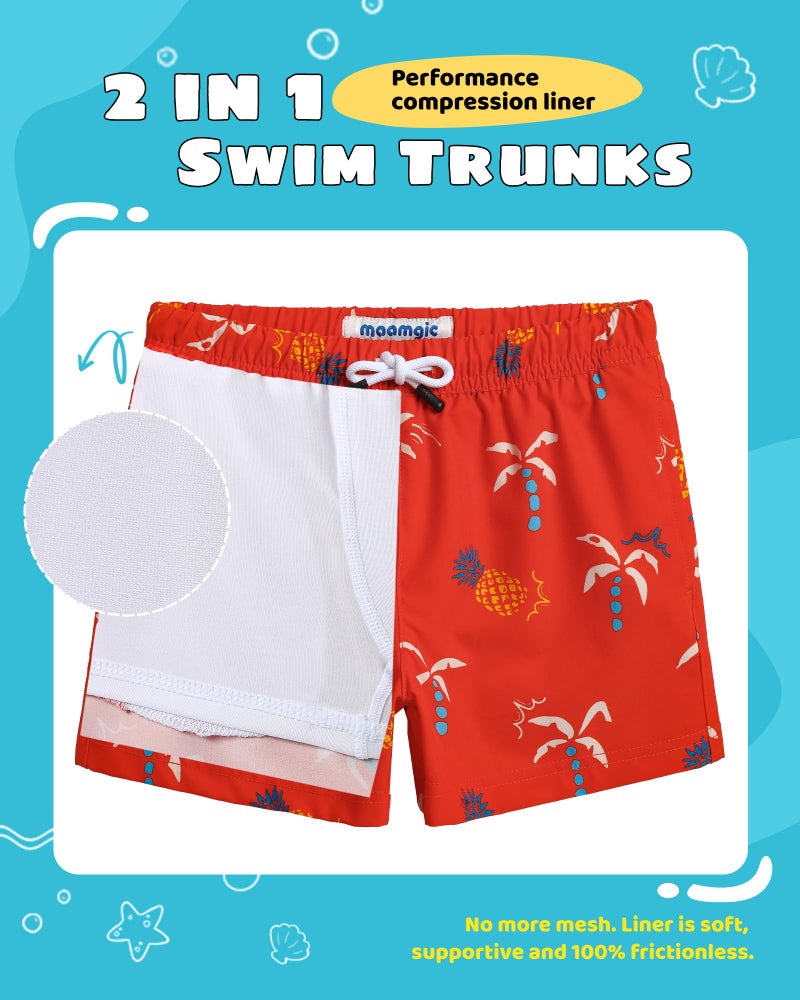 maamgic Boys Swim Trunks with Compression Liner Toddler Stretch Swim Shorts Quick Dry Swimming Trunks Boxer Brief 2 in 1 Beach Shorts Red Pineapple 5/6 - Image 2