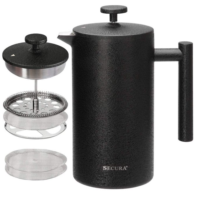 FRENCH PRESS COFFEE MAKER 304 GRADE STAINLESS STEEL INSULATED COFFEE PRESS WITH 2 EXTRA SCREENS 34OZ 1 LITRE BLACK