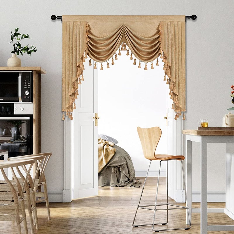 ELKCA الستائر النافذة من Elkca Gold Chenille Valance لغرفة المعيشة فالس شلال فاخرة لجيب قضيب غرفة النوم (W69 Inch 1 لوحة)  - Image 1
