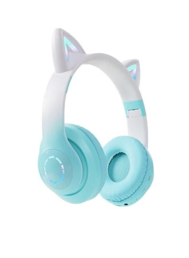 NEXORA SR Furry Ears Headphones LED Luminous Gaming Wireless Card-insertable Bluetooth Headphones Gradient Color (white green) - Image 1