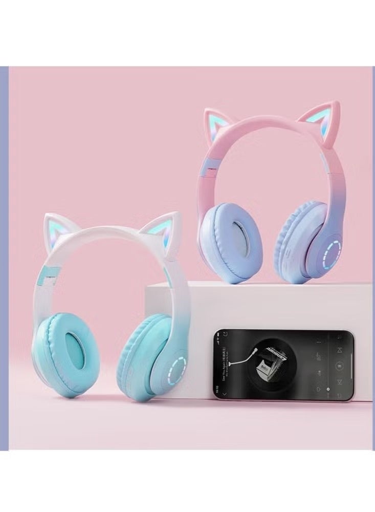 NEXORA SR Furry Ears Headphones LED Luminous Gaming Wireless Card-insertable Bluetooth Headphones Gradient Color (white green) - Image 2