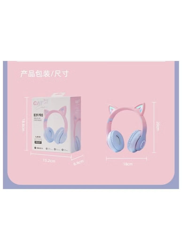NEXORA SR Furry Ears Headphones LED Luminous Gaming Wireless Card-insertable Bluetooth Headphones Gradient Color (white green) - Image 4