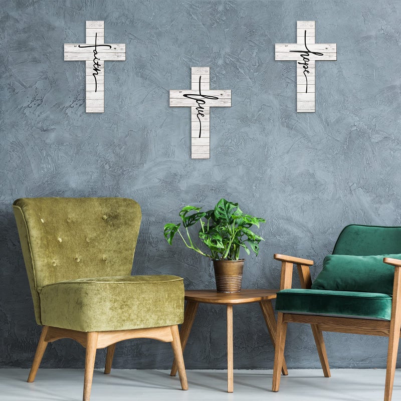 Jetec 3 Pieces Easter Faith Love Hope Cross Sign Crosses Wall Decor Wood Wall Hanging Rustic Cross Vintage Religious Love Art Decor Farmhouse Home Hanging Decorations, 12 x 8 Inch(White) - Image 4
