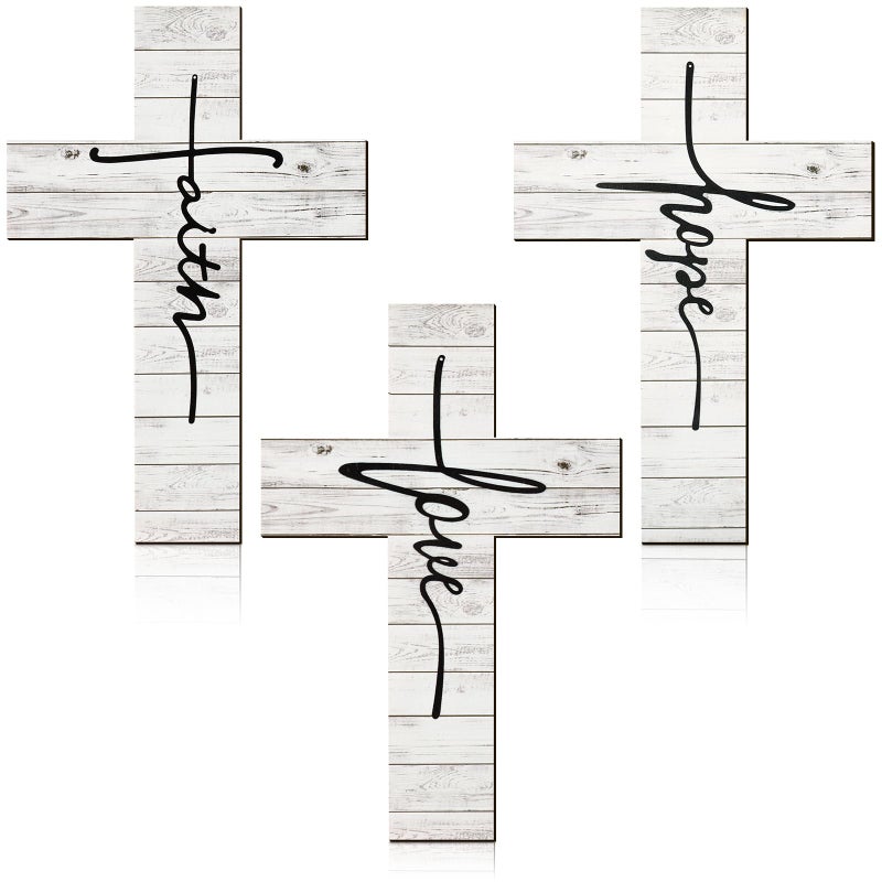 Jetec 3 Pieces Easter Faith Love Hope Cross Sign Crosses Wall Decor Wood Wall Hanging Rustic Cross Vintage Religious Love Art Decor Farmhouse Home Hanging Decorations, 12 x 8 Inch(White) - Image 1