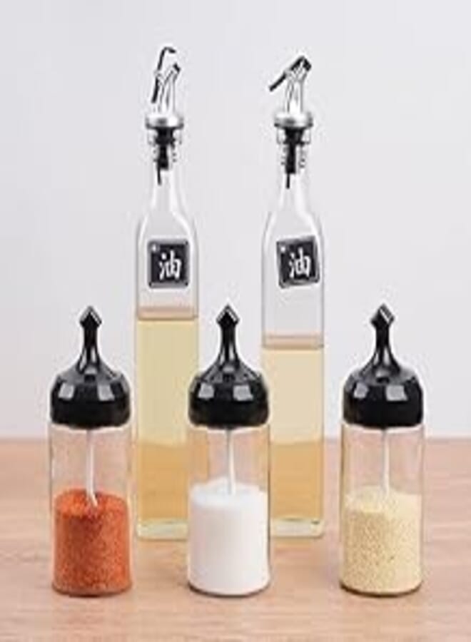 2 Pcs 500ml Glass Oil Jar and 3 Seasoning Jars for Cooking 250ml Sealed Moisture Proof Dust Leak Proof Olive Oil Vinegar Dispenser Set for Kitchen