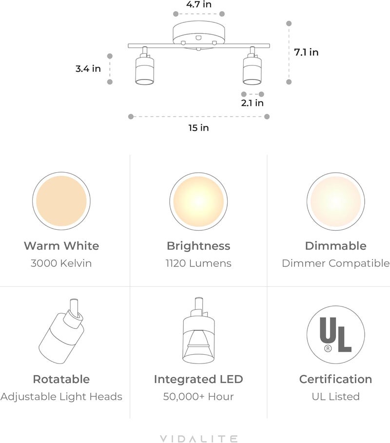VidaLite Shura White 2-Light Track Light with Adjustable Heads, Integrated LED Bulbs, 15 in. Track Lighting Kit Ceiling Light, 3000k, 1120 Lumens - Image 2