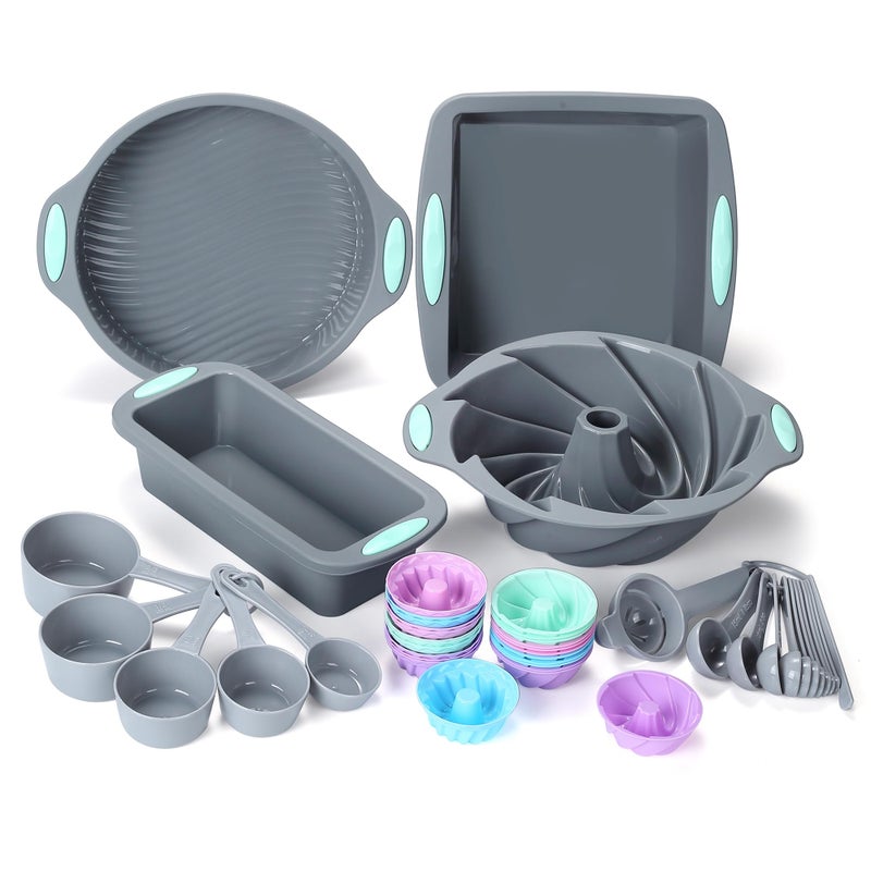 To encounter 45 Pieces Silicone Bakeware Set, Heat Resistant Baking Pans, Nonstick Baking Molds for Cake, Bread and Cupcake, with Measuring Cups and Spoons Set, Light Grey - Image 1