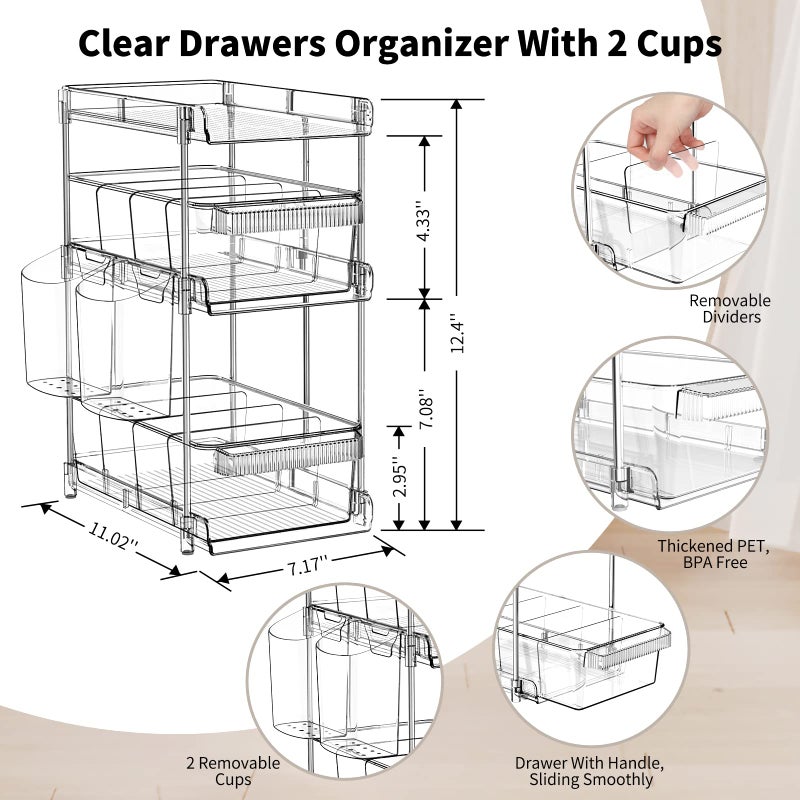 WAKISA Clear Bathroom Organizers 2 Sets 3 Tier, Pull Out Organizer and Storage with 2 Cups, Slide Out Drawer Storage Container with 6 Dividers, Multi-Purpose Bathroom Organizer, Kitchen Under Sink Organizer - Image 5