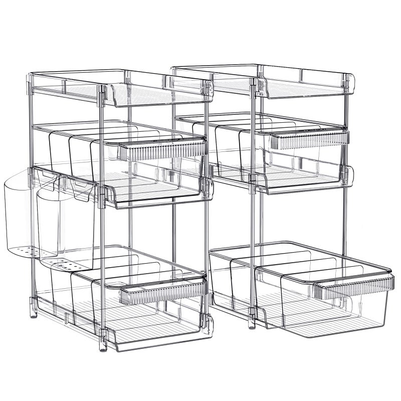 WAKISA Clear Bathroom Organizers 2 Sets 3 Tier, Pull Out Organizer and Storage with 2 Cups, Slide Out Drawer Storage Container with 6 Dividers, Multi-Purpose Bathroom Organizer, Kitchen Under Sink Organizer - Image 1
