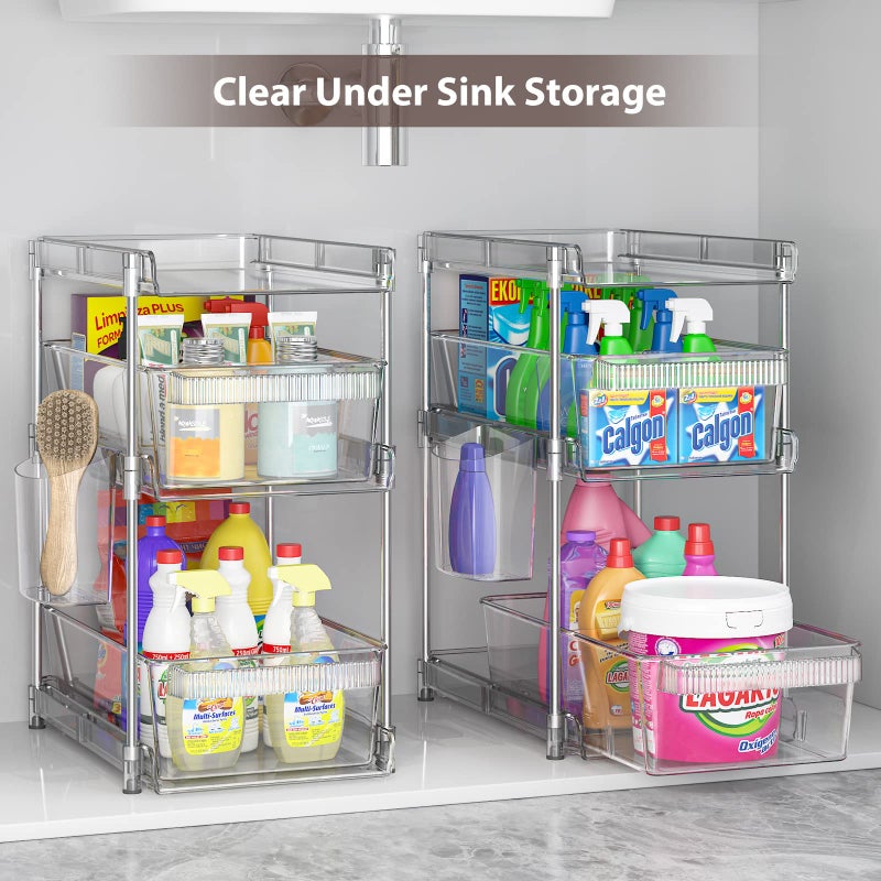 WAKISA Clear Bathroom Organizers 2 Sets 3 Tier, Pull Out Organizer and Storage with 2 Cups, Slide Out Drawer Storage Container with 6 Dividers, Multi-Purpose Bathroom Organizer, Kitchen Under Sink Organizer - Image 4