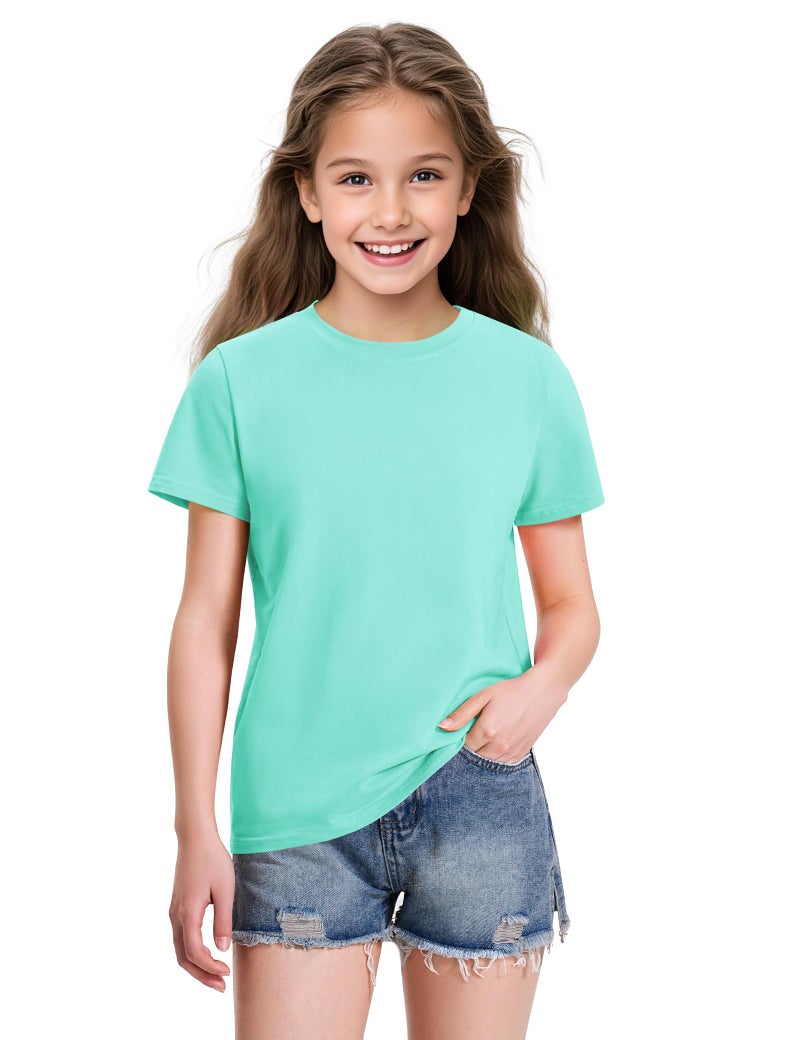 KEREDA 4 Pack Girls Short Sleeve Shirts Cotton T-Shirts Summer Basic Tees Tops Clothes for Kids Light Purple, Green, Bright Pink, White 5-6 Years - Image 2