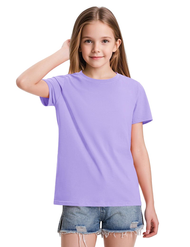 KEREDA 4 Pack Girls Short Sleeve Shirts Cotton T-Shirts Summer Basic Tees Tops Clothes for Kids Light Purple, Green, Bright Pink, White 5-6 Years - Image 5