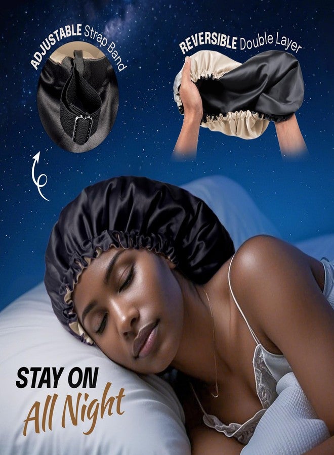 Fittia Silk Satin Bonnet for Sleeping Women - Hair Bonnet for Curly Frizzy Hair Care, Adjustable Sleep Cap, Double Layer Head Hair Wrap, Black - Image 2