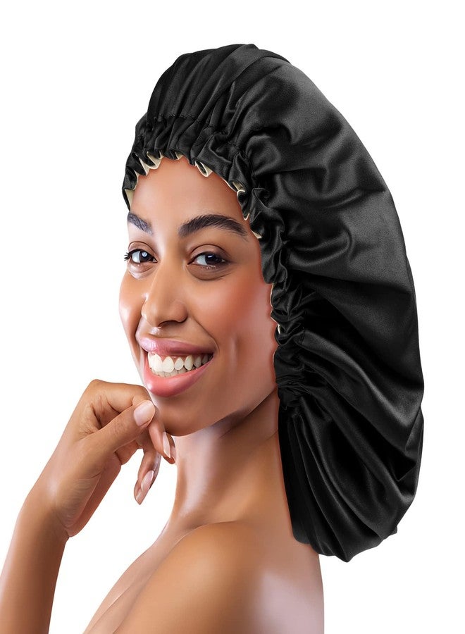 Fittia Silk Satin Bonnet for Sleeping Women - Hair Bonnet for Curly Frizzy Hair Care, Adjustable Sleep Cap, Double Layer Head Hair Wrap, Black - Image 1