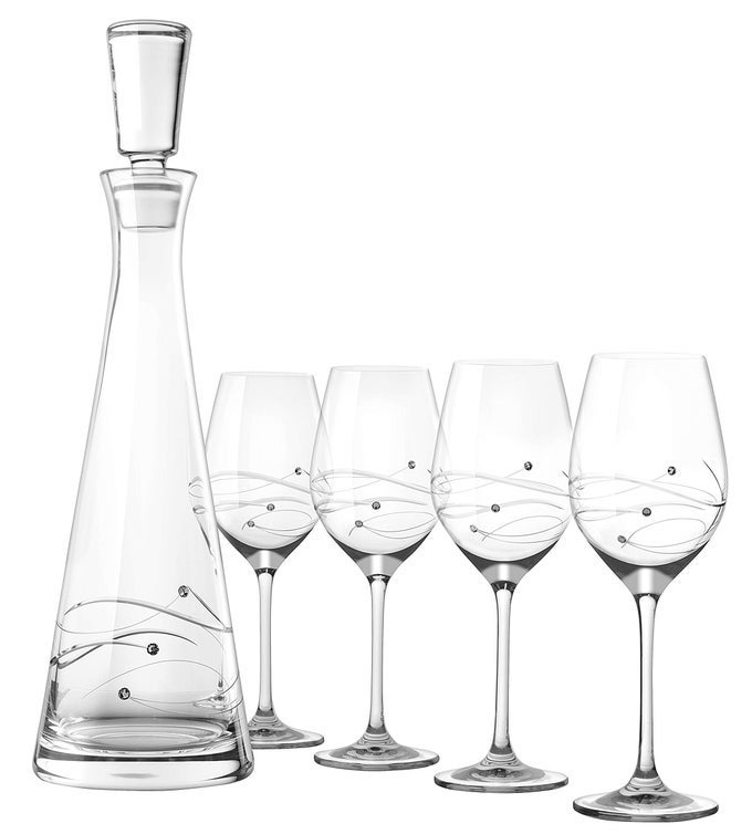 SET OF 5 HANDMADE GLASS SPARKLE 33 OZ TALL WINE DECANTER WITH 4 WHITE WINE 125 OZ GLASSES DECORATED WITH REAL CRYSTAL DIAMONDS GIFT BOXED MADE IN EUROPE
