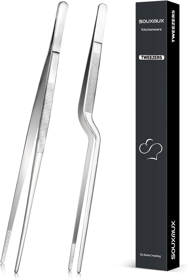 SouxMux 10-inch Cooking Tweezer and Offset Tweezer Set, Tongs Precision Serrated Tips, Stainless Steel Professional Chef Tweezer Kitchen Tools for BBQ, Plating and Serving - Image 1